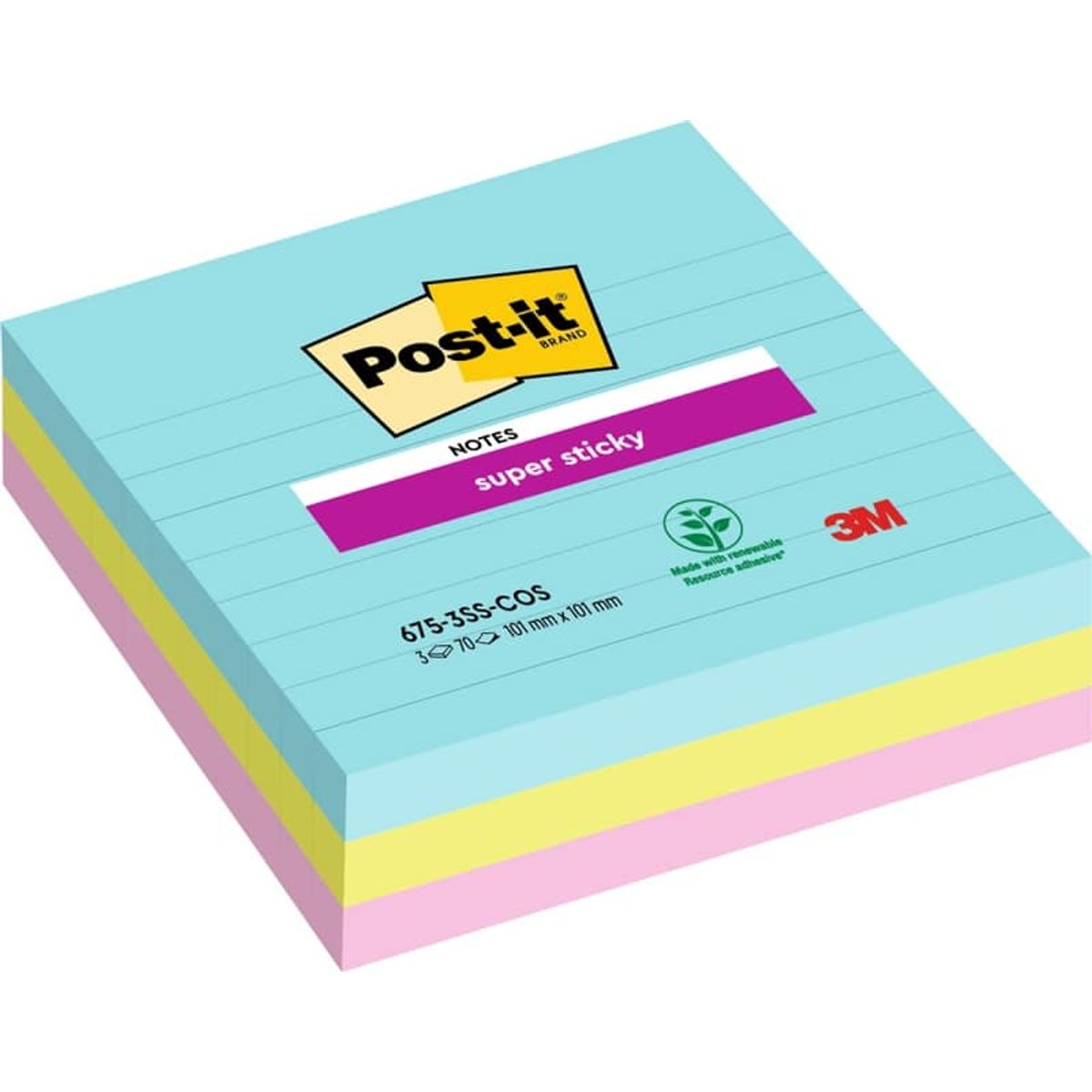 POST-IT® Super Sticky Notes, linjeret, (675-SS3-MIA), 101x101mm, 3x70 ark, Miami-paletten,.