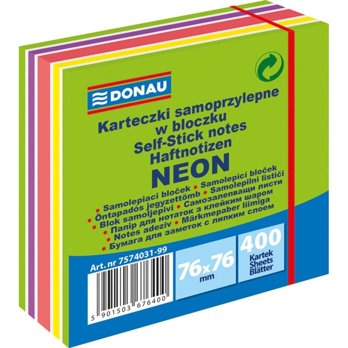 Selvklæbende terning, DONAU, 76x76mm, 1x400 ark, neon-pastel, mix af grøn,.