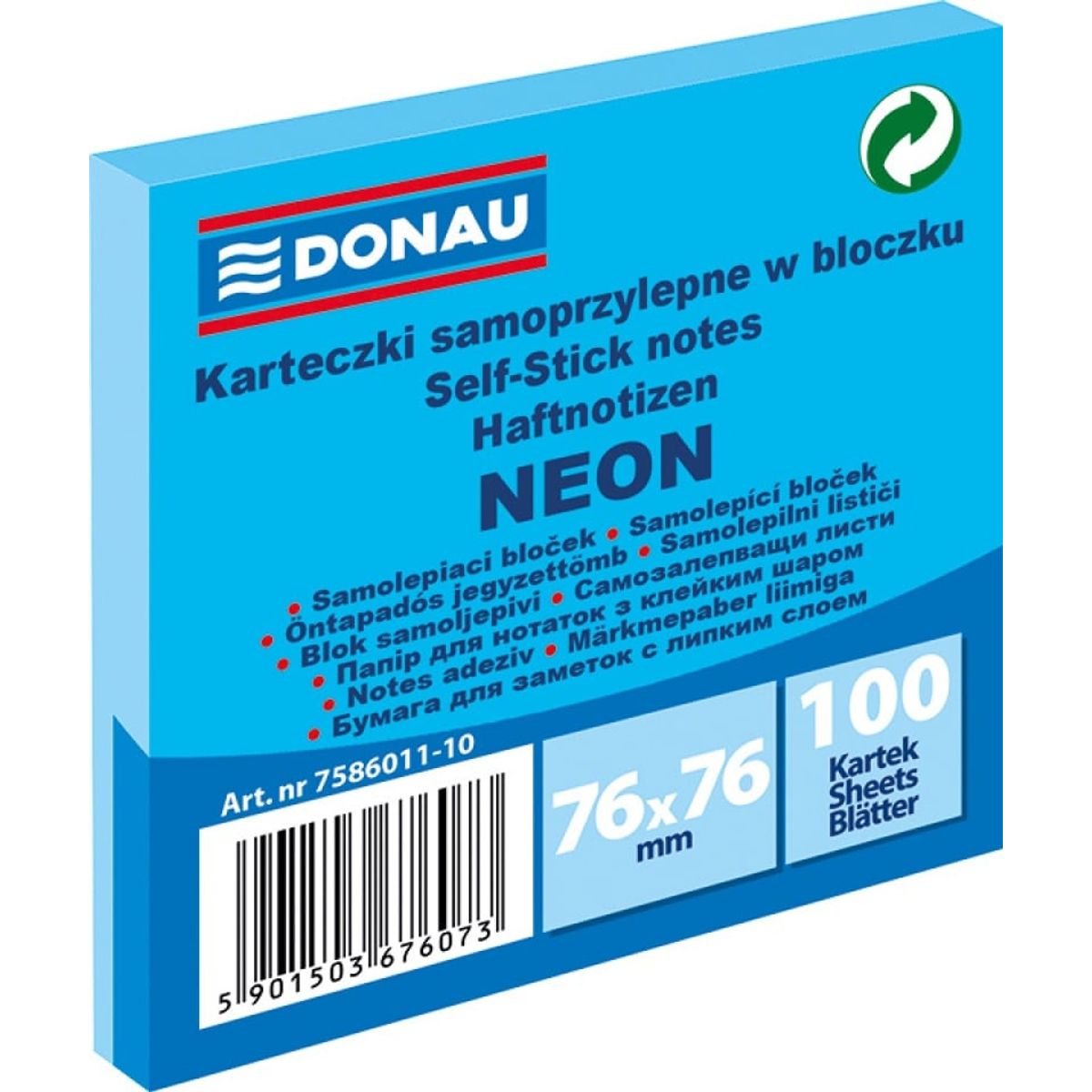 Selvklæbende blok, DONAU, 76x76mm, 1x100 ark, neon, blå.