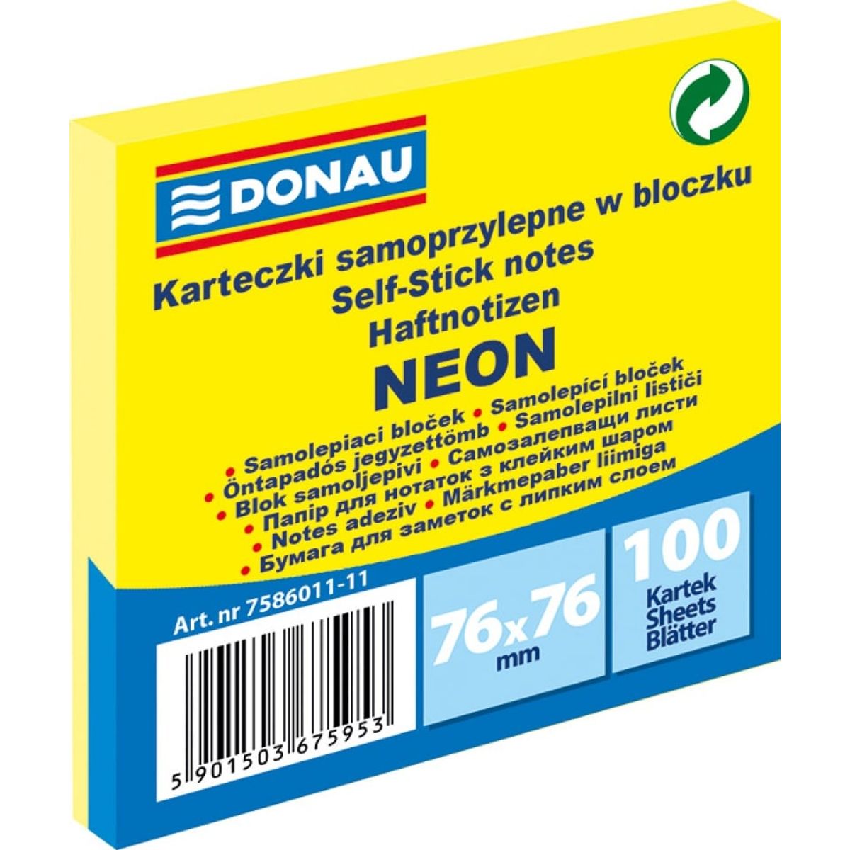 Selvklæbende blok, DONAU, 76x76mm, 1x100 ark, neon, gul.