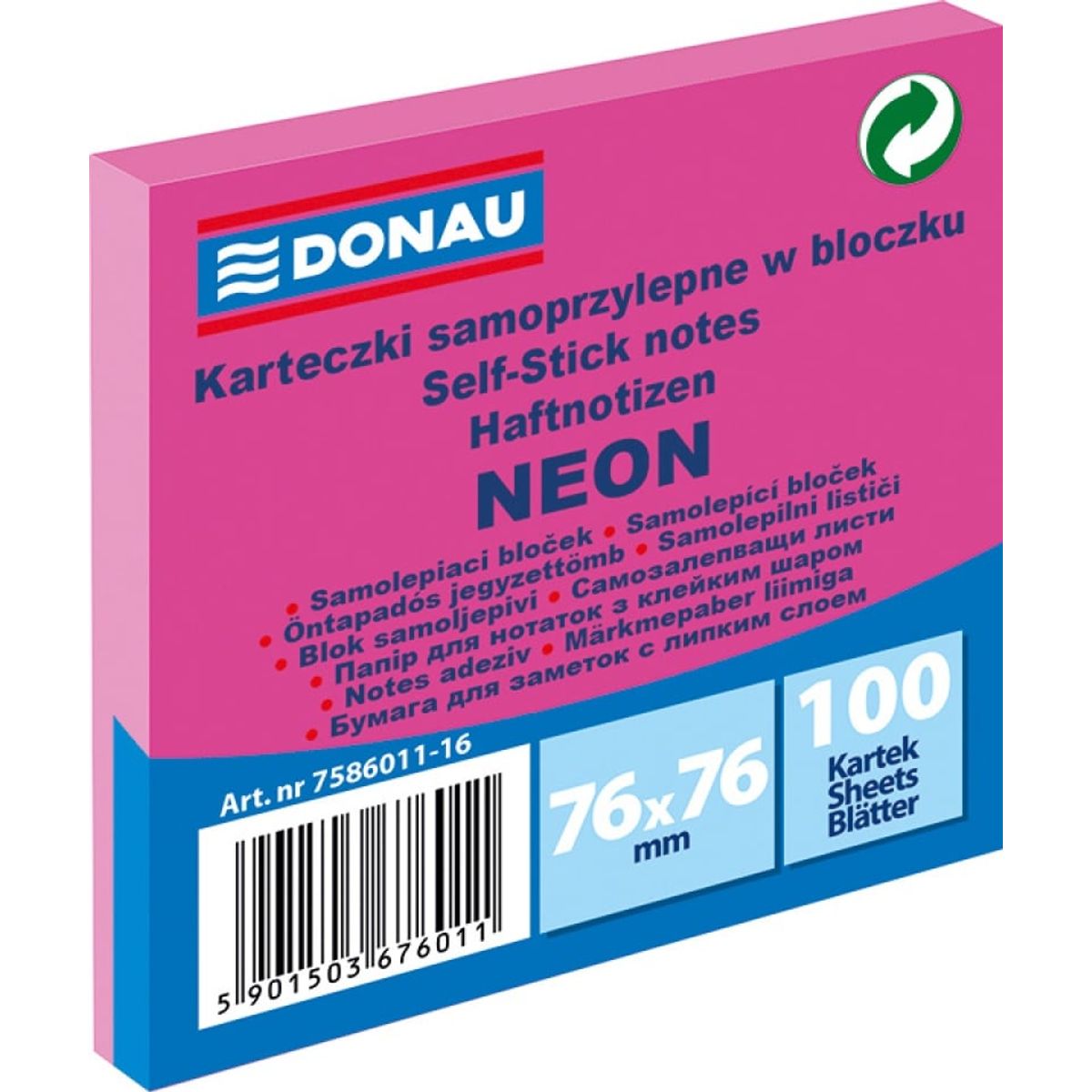 Selvklæbende blok, DONAU, 76x76mm, 1x100 ark, neon, pink.