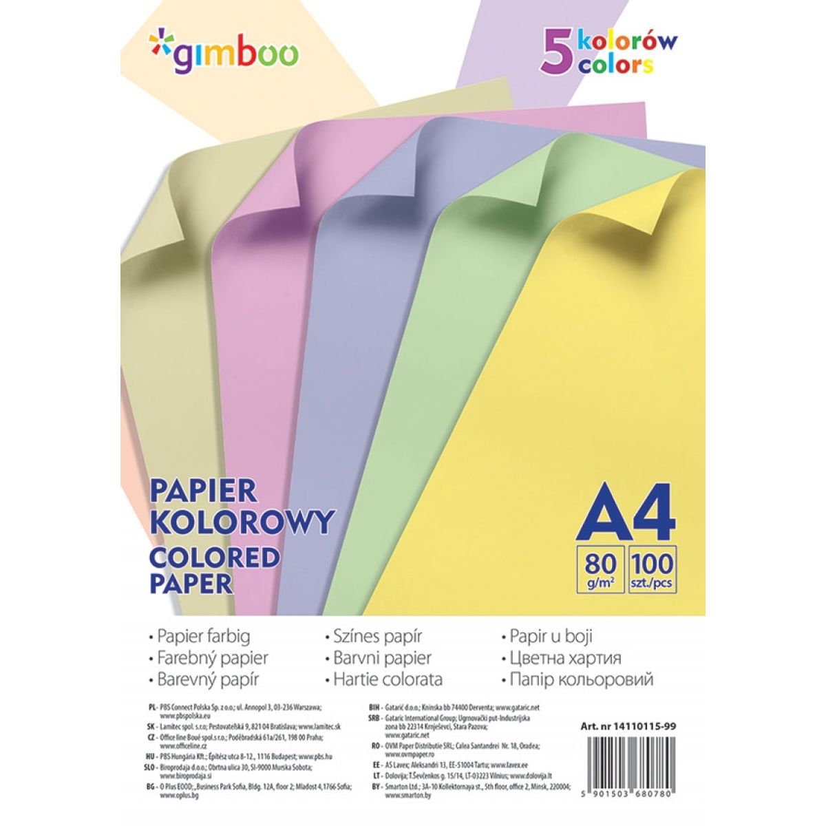 Farvet papir A4 80 gsm 5 pastelfarver.