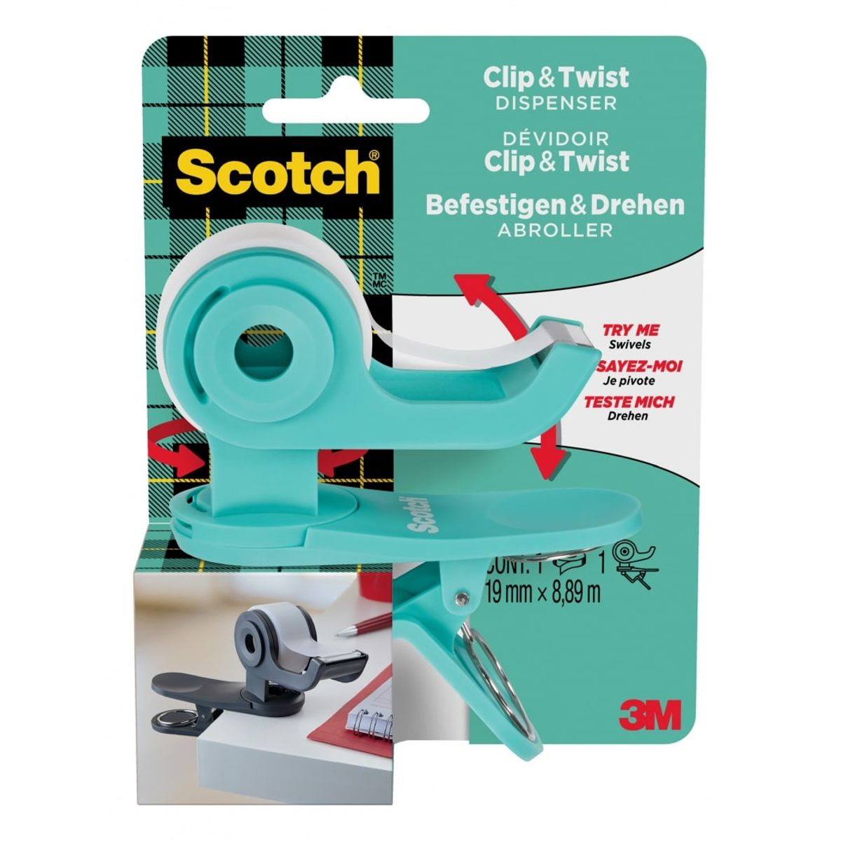 Tape dispenser Scotch® C19 Clip&amp;Twist grøn.