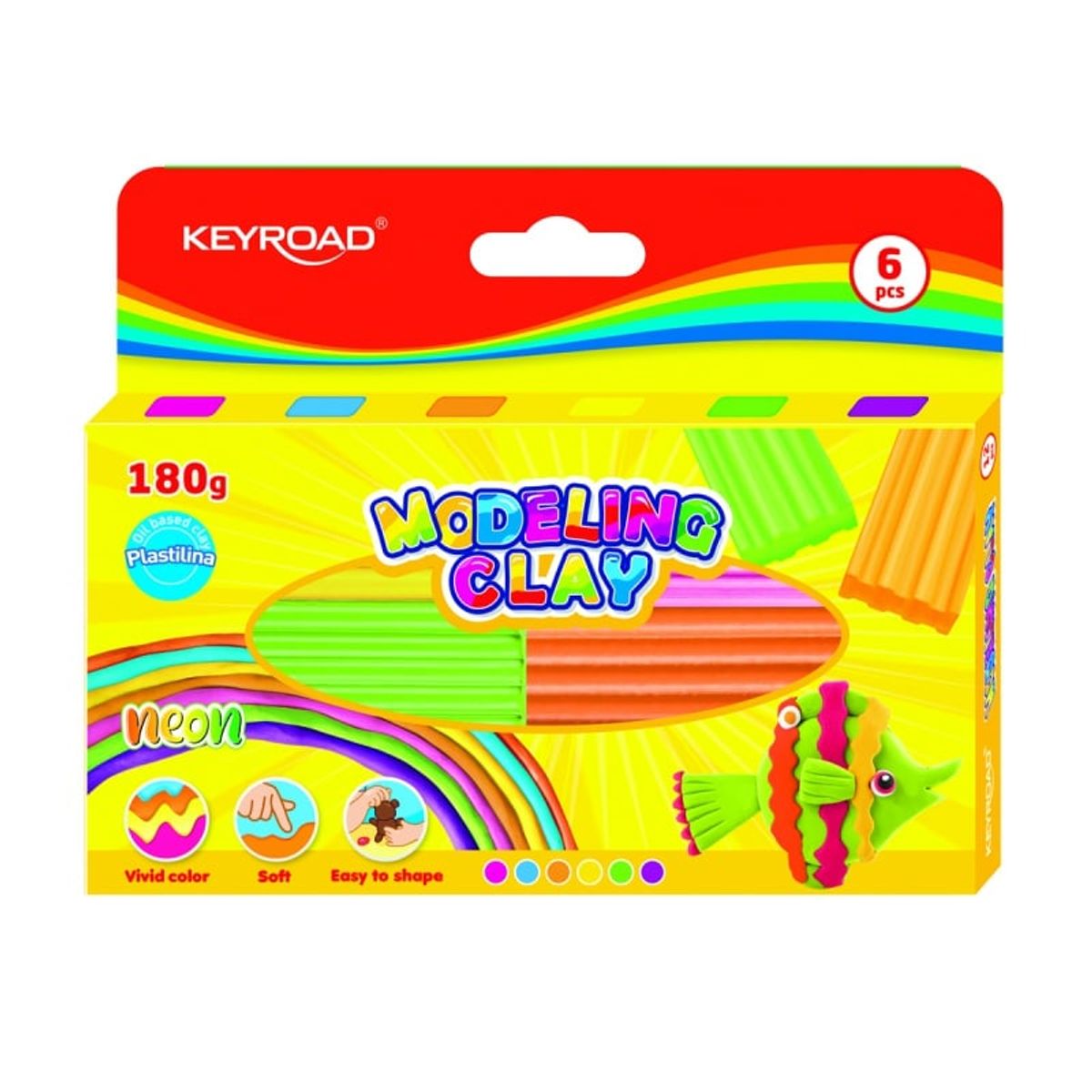 Plasticine KEYROAD neon farver 6x30g bølge.