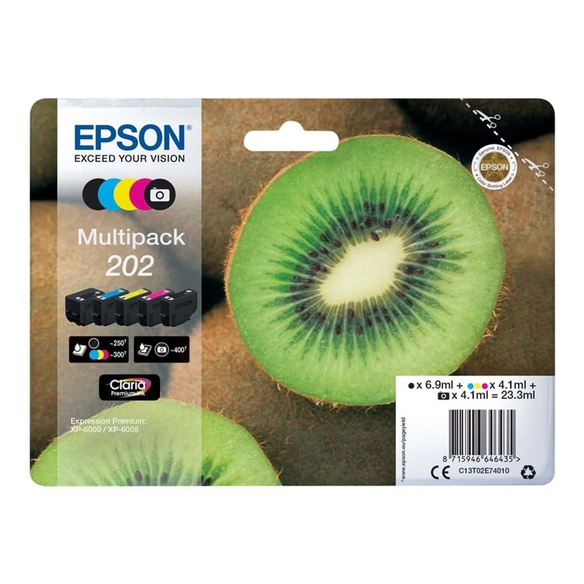 Multipack! Epson 202 5 farver PBK-BK-C-M-Y original C13T02E74010 23,3 ml