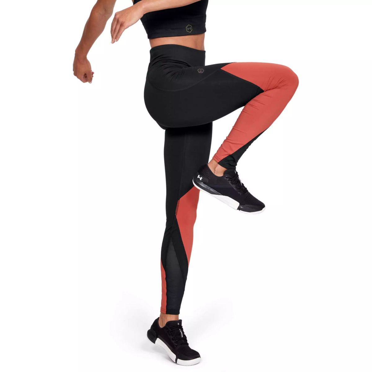 Kvinders Under Armour Rush Leggins - Black and Orange XS