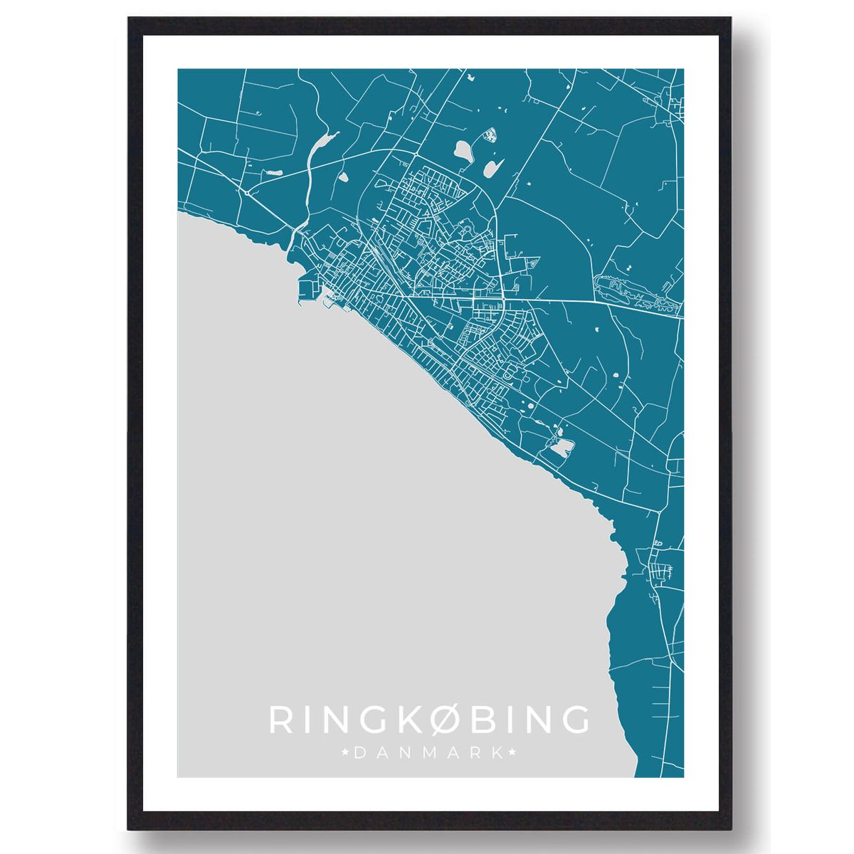 Ringkøbing by plakat - blå (Størrelse: L - 50x70cm (B2))