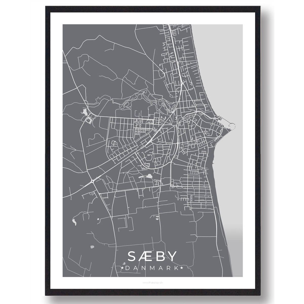 Sæby by plakat - grå (Størrelse: L - 50x70cm (B2))