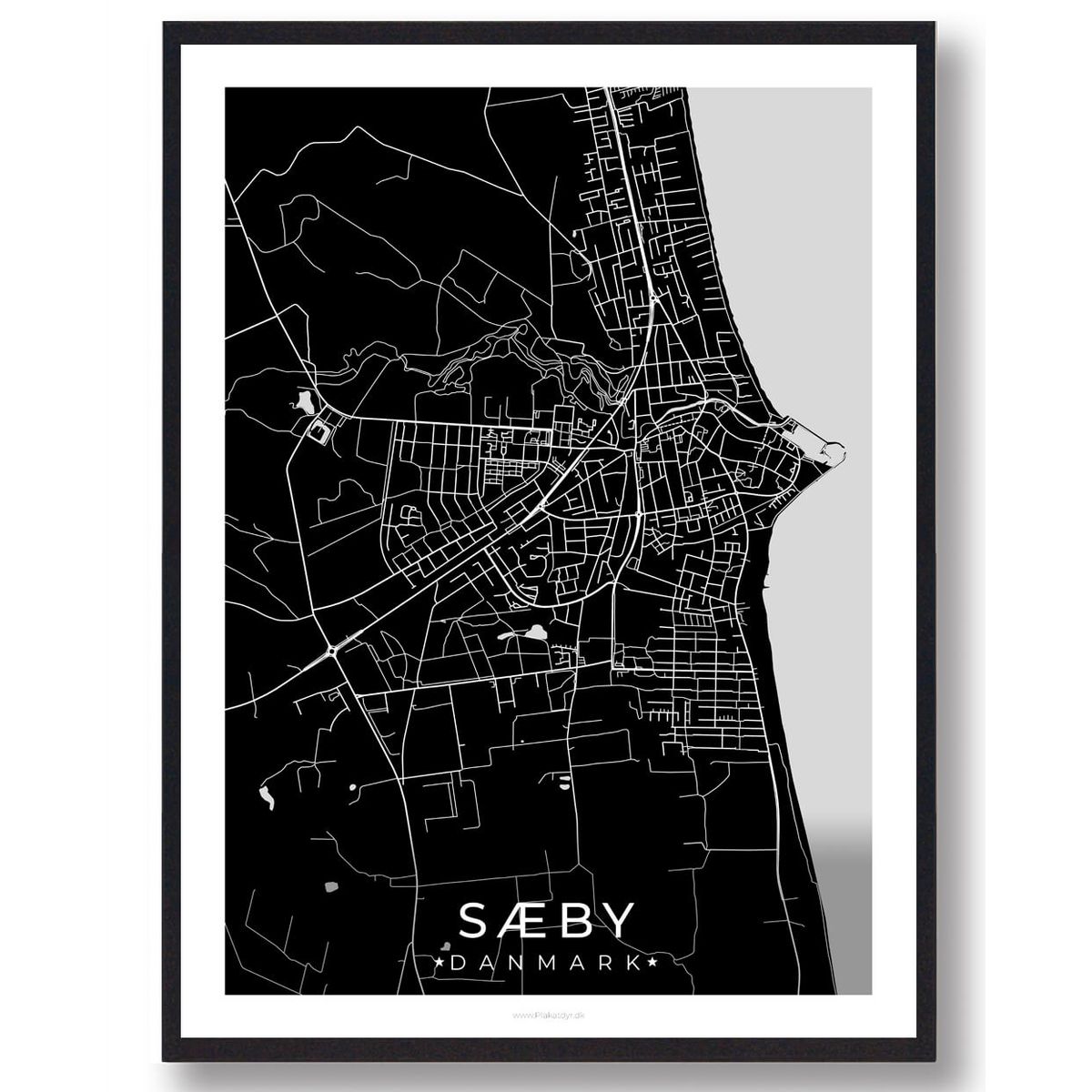 Sæby by plakat - sort (Størrelse: L - 50x70cm (B2))