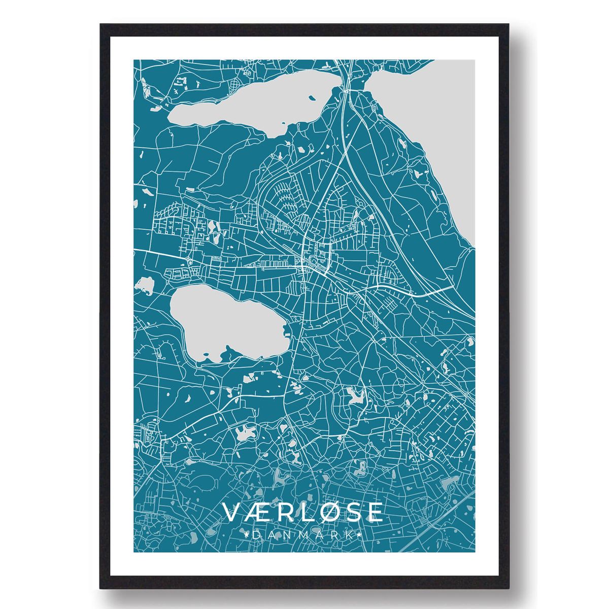 Værløse by plakat - blå (Størrelse: L - 50x70cm (B2))