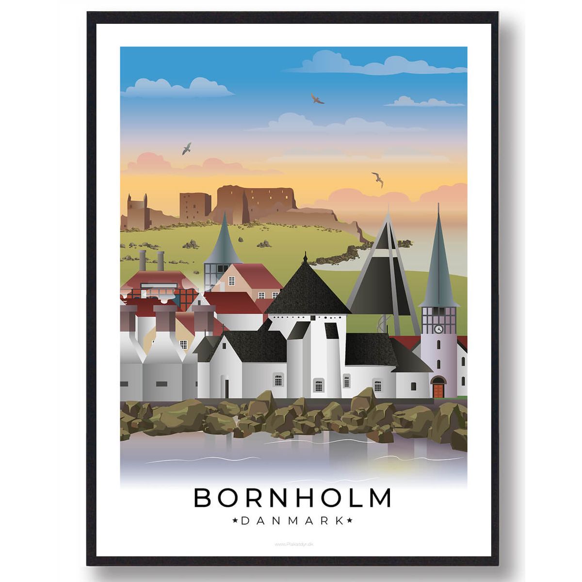 Bornholm byplakat med hvid kant (RESTPARTI) (Størrelse: L - 50x70cm (B2))