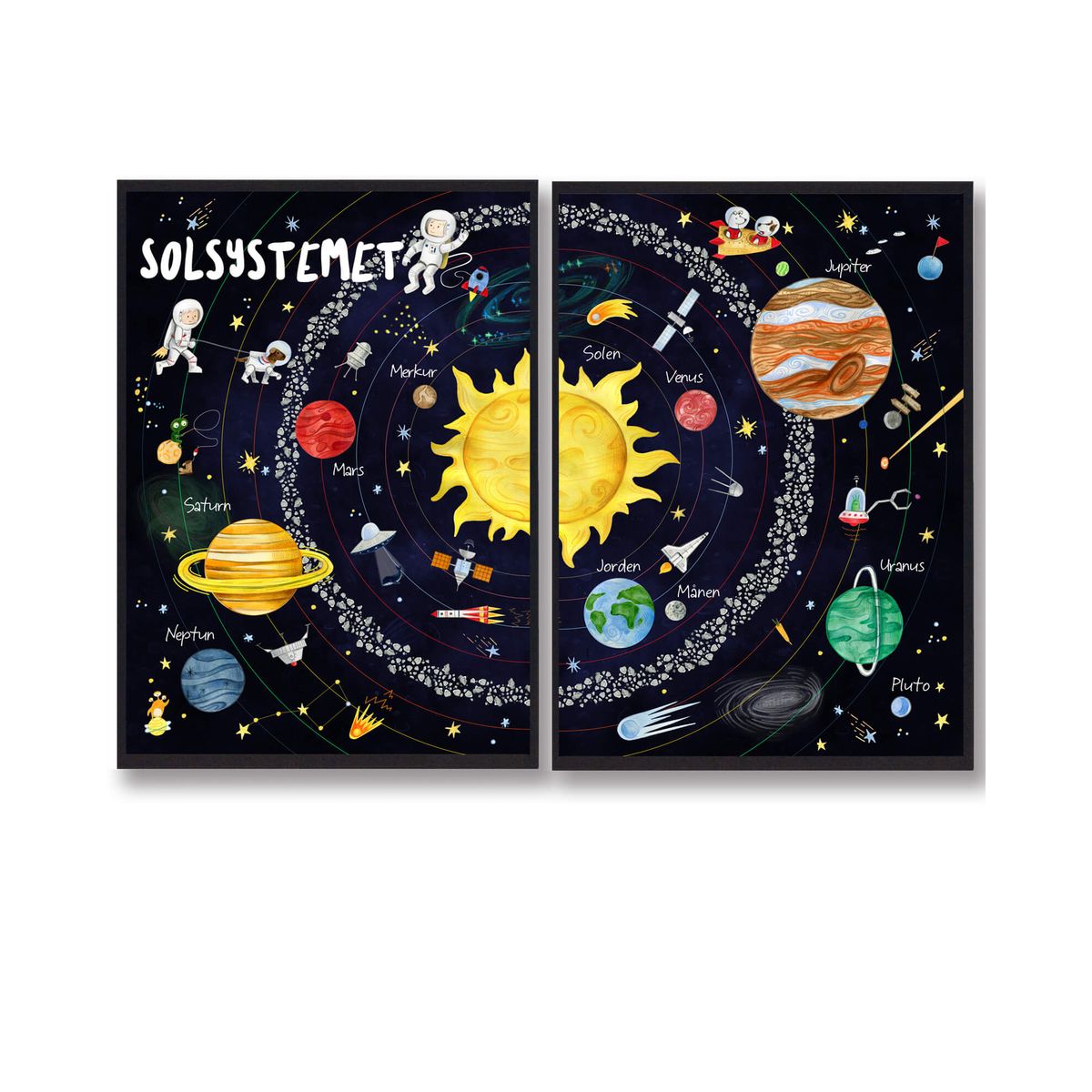 Solsystemet - Håndtegnet plakat (Størrelse: L - 50x70cm (B2))