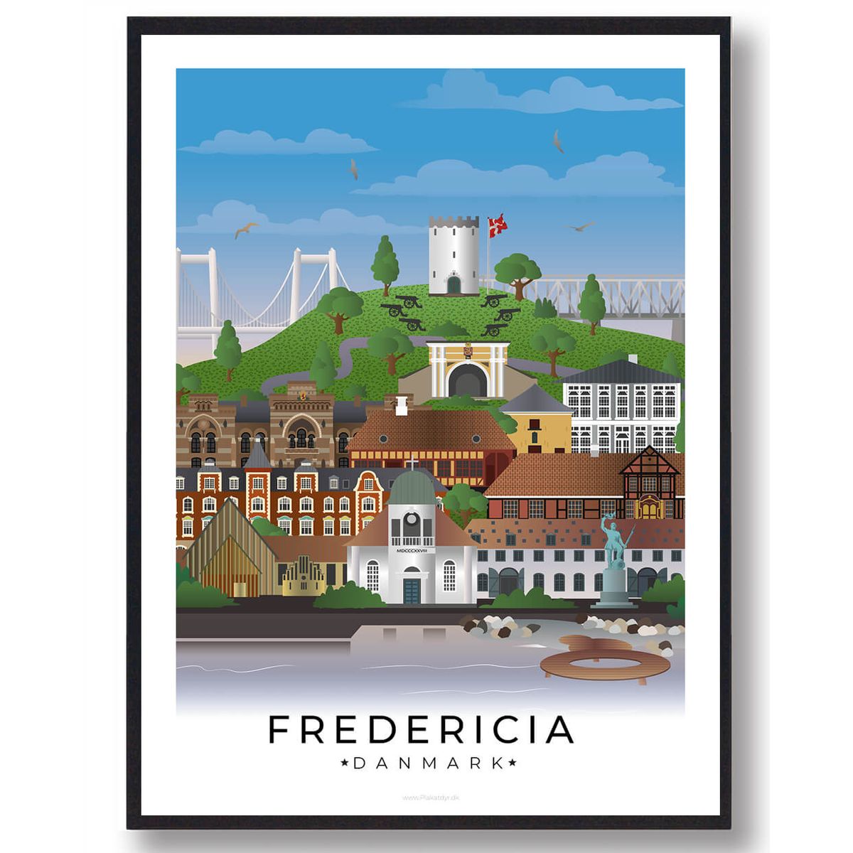 Fredericia byplakat med hvid kant (RESTPARTI) (Størrelse: L - 50x70cm (B2))