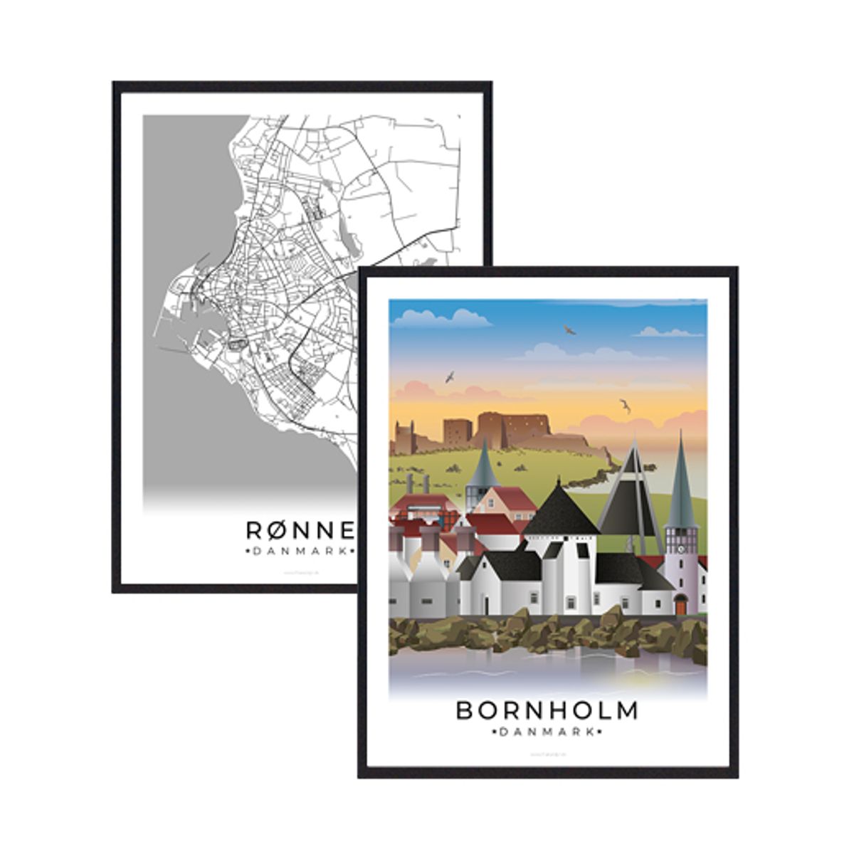 Bornholm og Rønne byplakatsæt (Størrelse: M - 30x40cm)