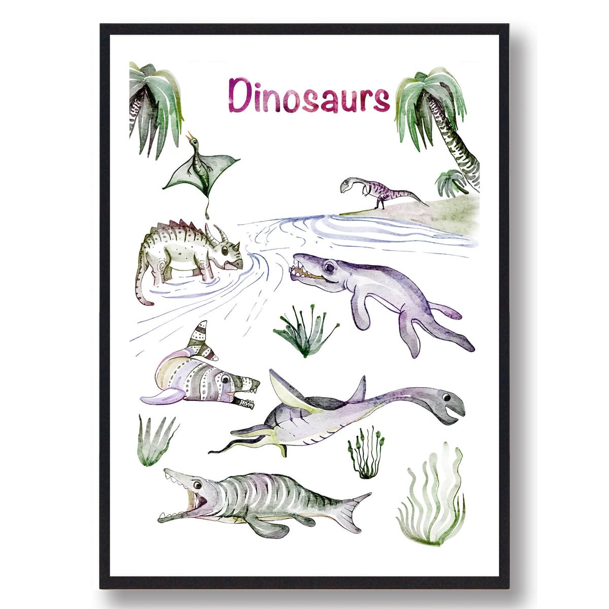 Dinosaurplakat - håndtegnet (Størrelse: L - 50x70cm (B2))