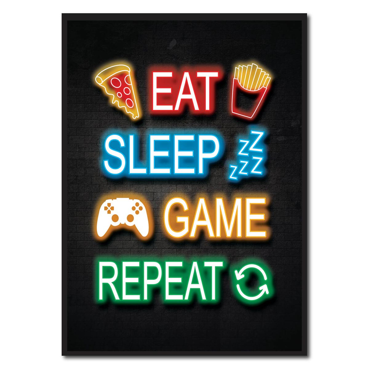 Eat, sleep, game, repeat - neon blå gamerplakater (Størrelse: L - 50x70cm (B2))