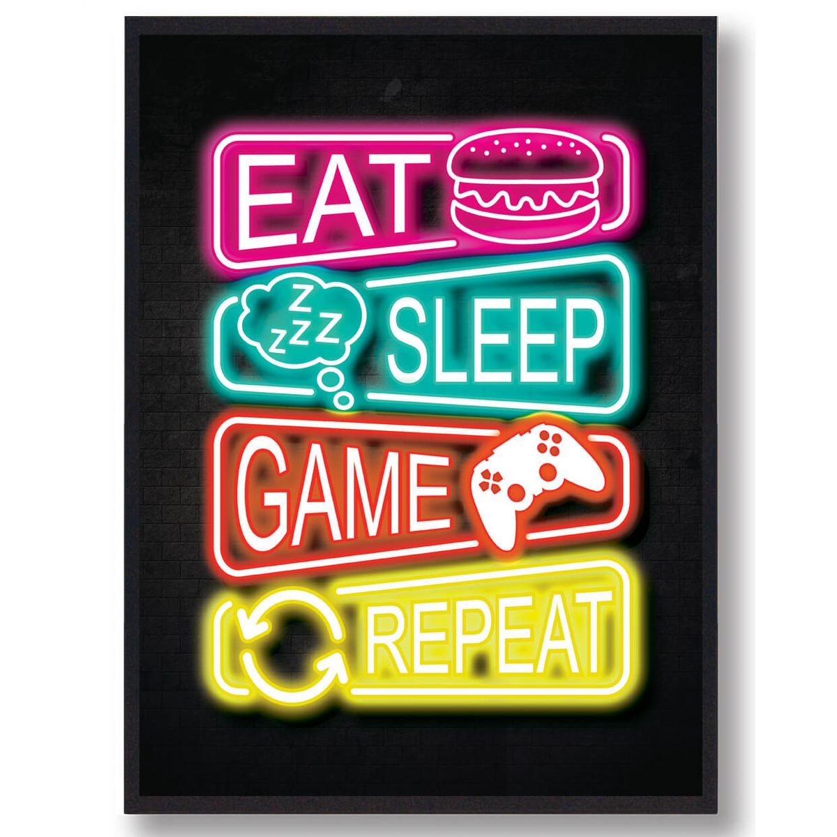 Eat, sleep, game, repeat - neon gamerplakater (Størrelse: S - 21x29,7cm (A4))