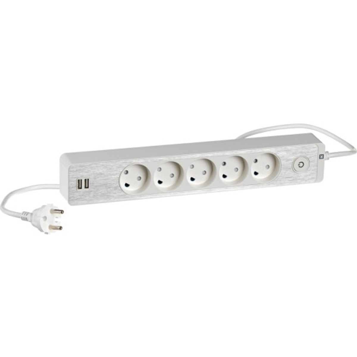 LK Fuga Design stikdåse 5 udtag, m/ledning + 2 USB, hvid med alu front