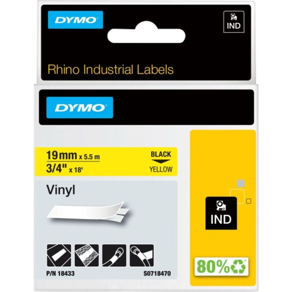 DYMO® Rhino tape, vinyl, 19 mm, sort på gul