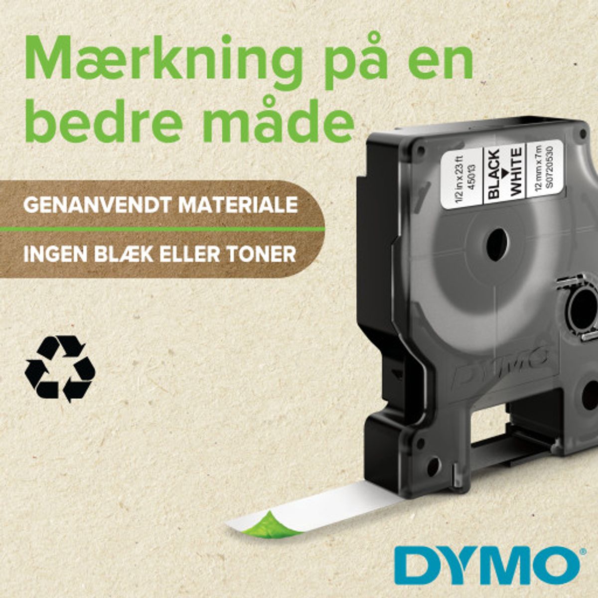 DYMO® D1 Durable tape, 12 mm, sort på hvid