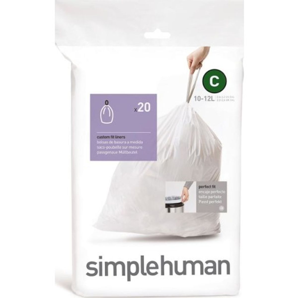 Simplehuman affaldsposer, kode C, 10-12 liter, hvid, 20 stk