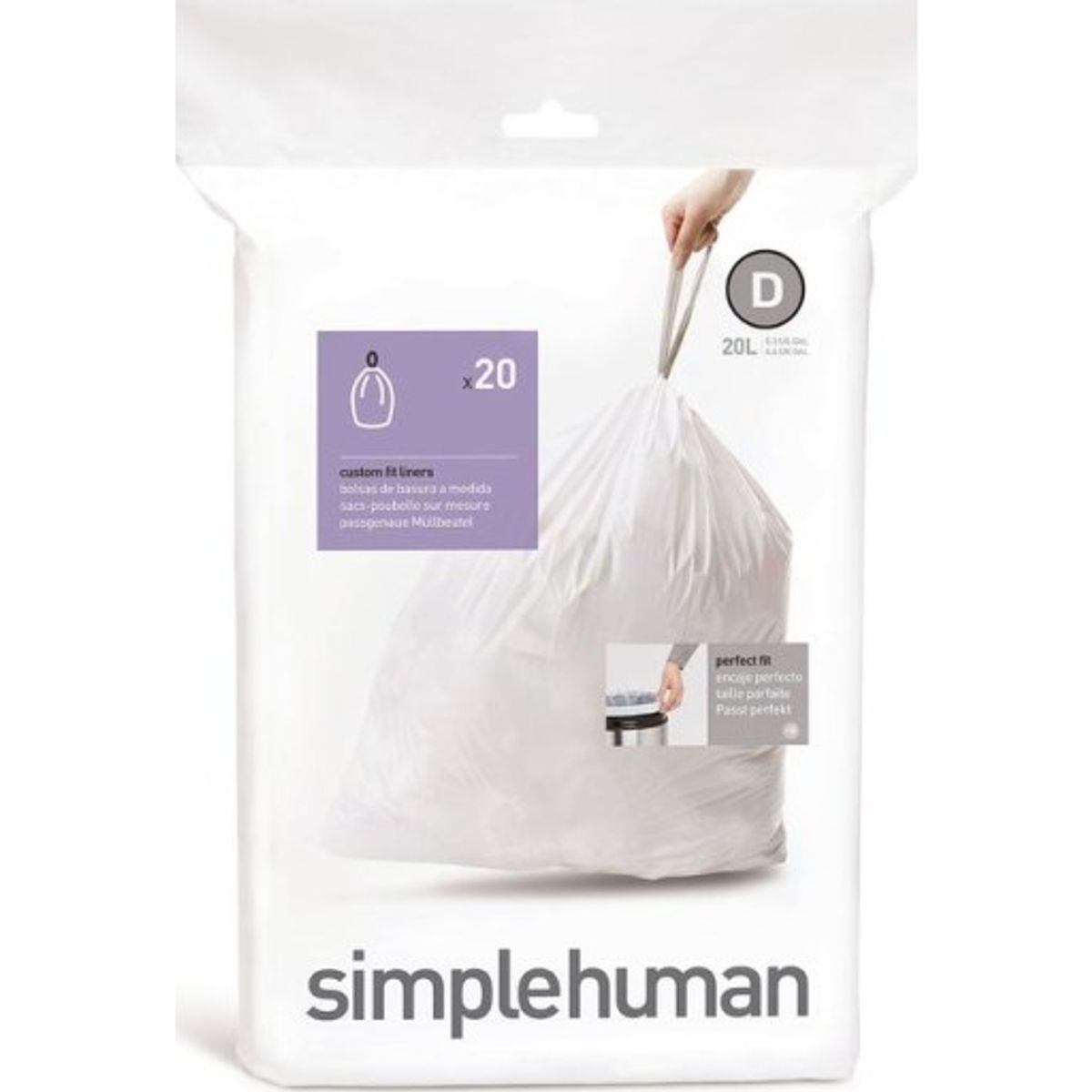 Simplehuman affaldsposer, kode D, 20 liter, hvid, 20 stk