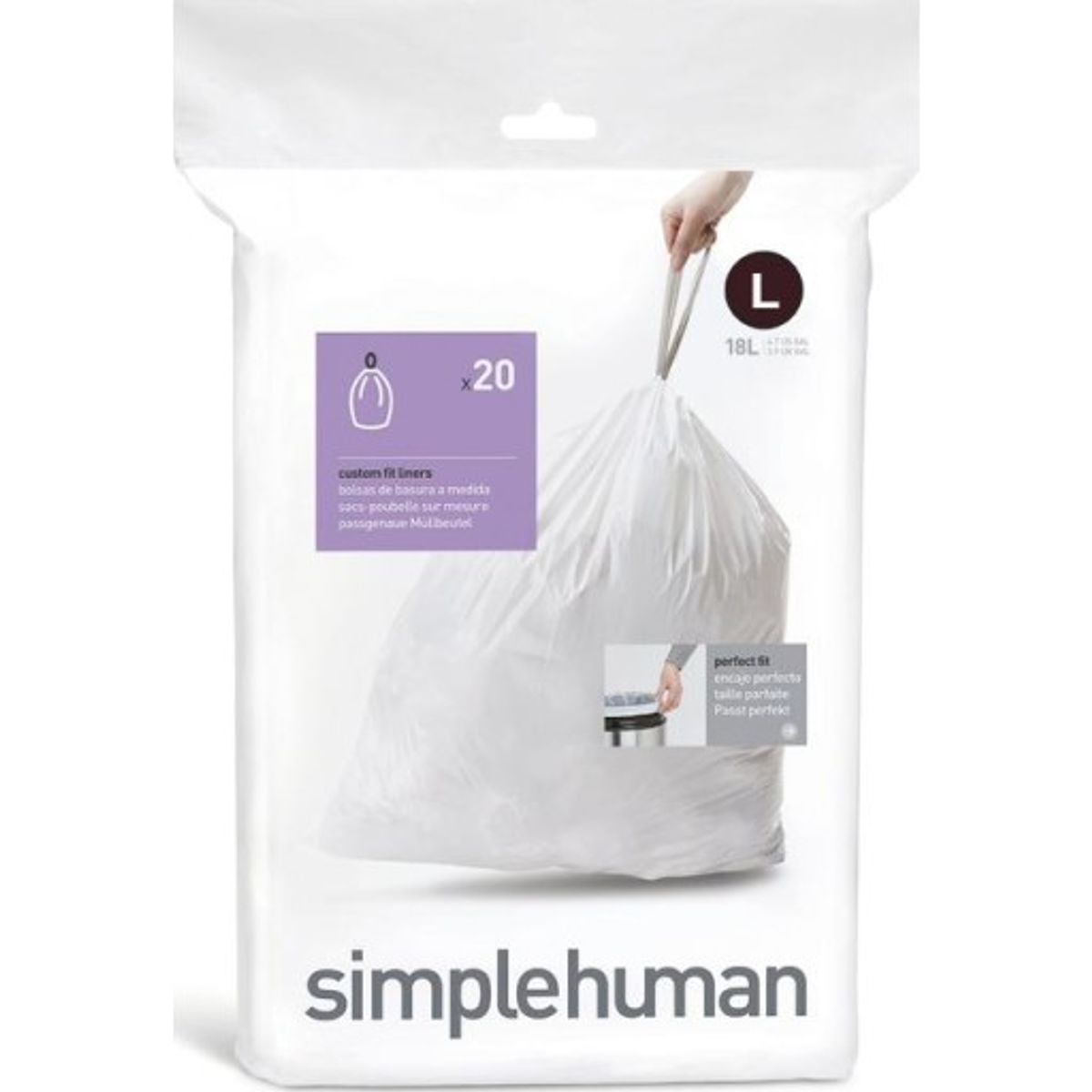 Simplehuman affaldsposer, kode L, 18 liter, hvid, 20 stk