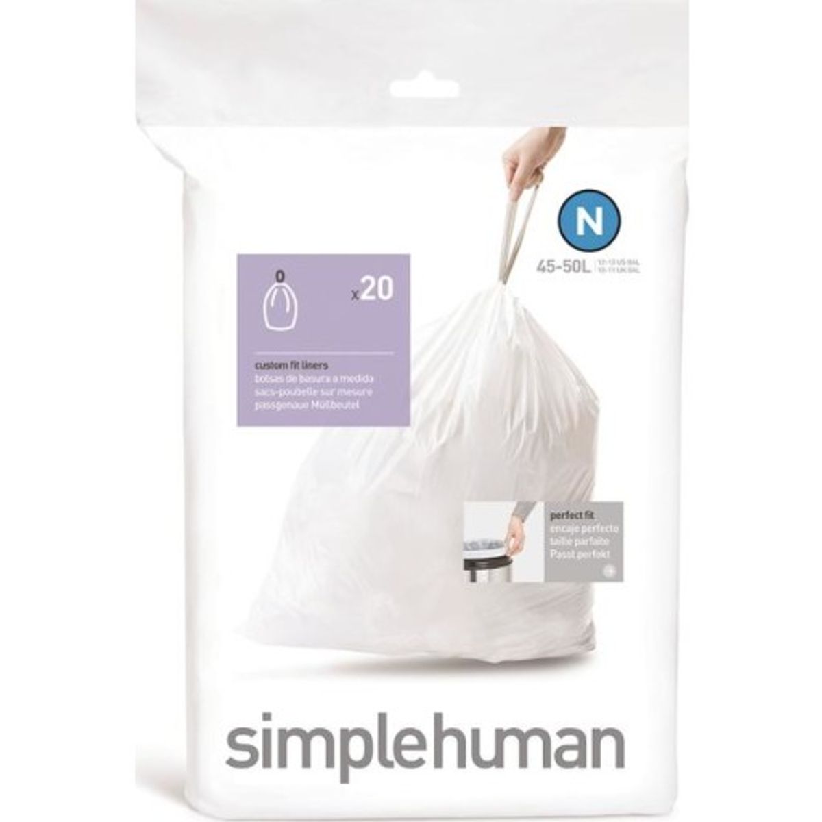 Simplehuman affaldsposer, kode N, 45-50 liter, hvid, 20 stk