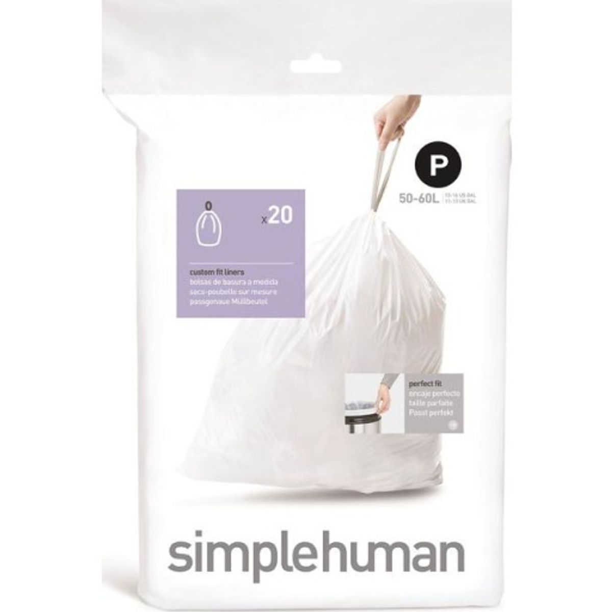 Simplehuman affaldsposer, kode P, 50-60 liter, hvid, 20 stk