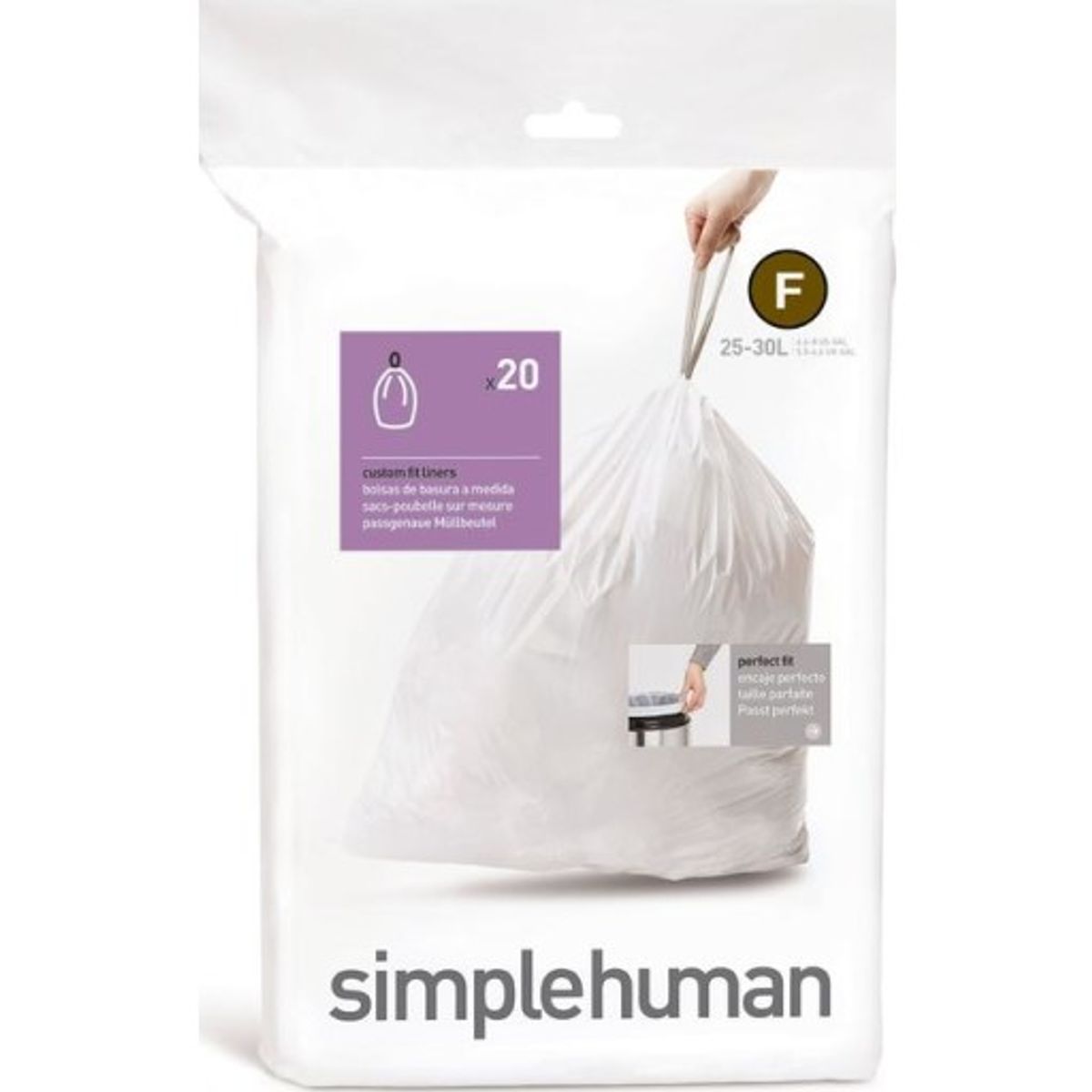 Simplehuman affaldsposer, kode F, 25 liter, hvid, 20 stk