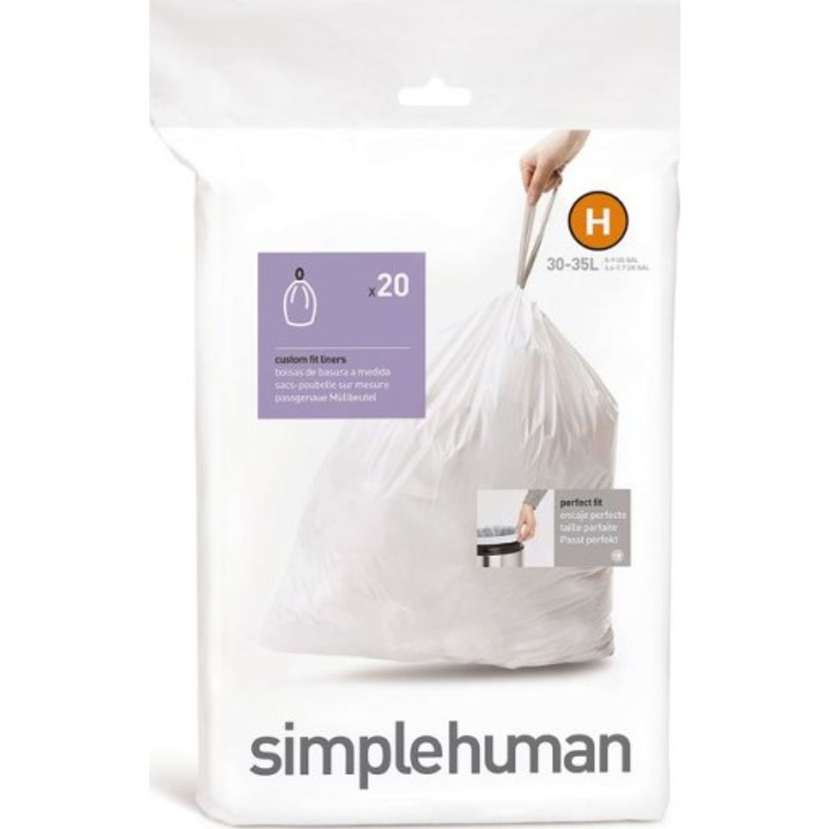 Simplehuman affaldsposer, kode H, 30-35 liter, hvid, 20 stk