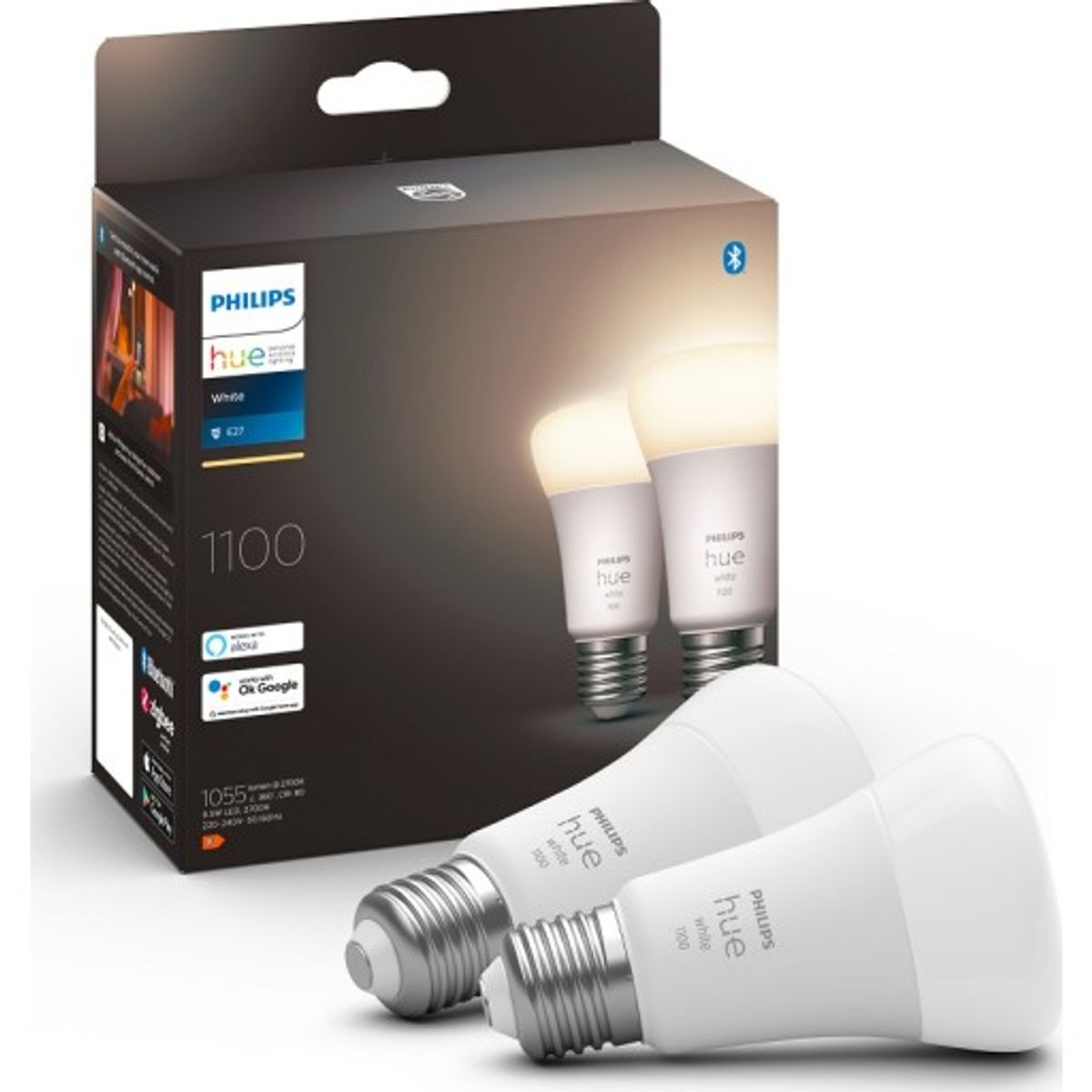 Philips Hue White E27 standardpære, 2700K, 9,5W, 2-pak