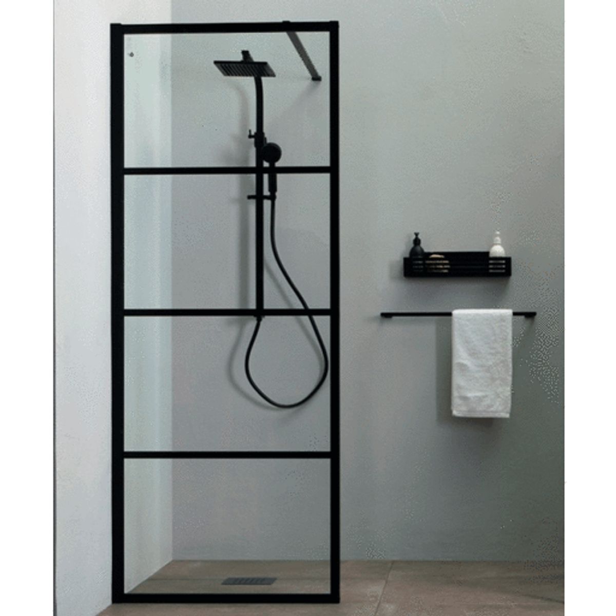 Lavabo Walk in brusevæg, 80 cm, klart glas, mat sort profil