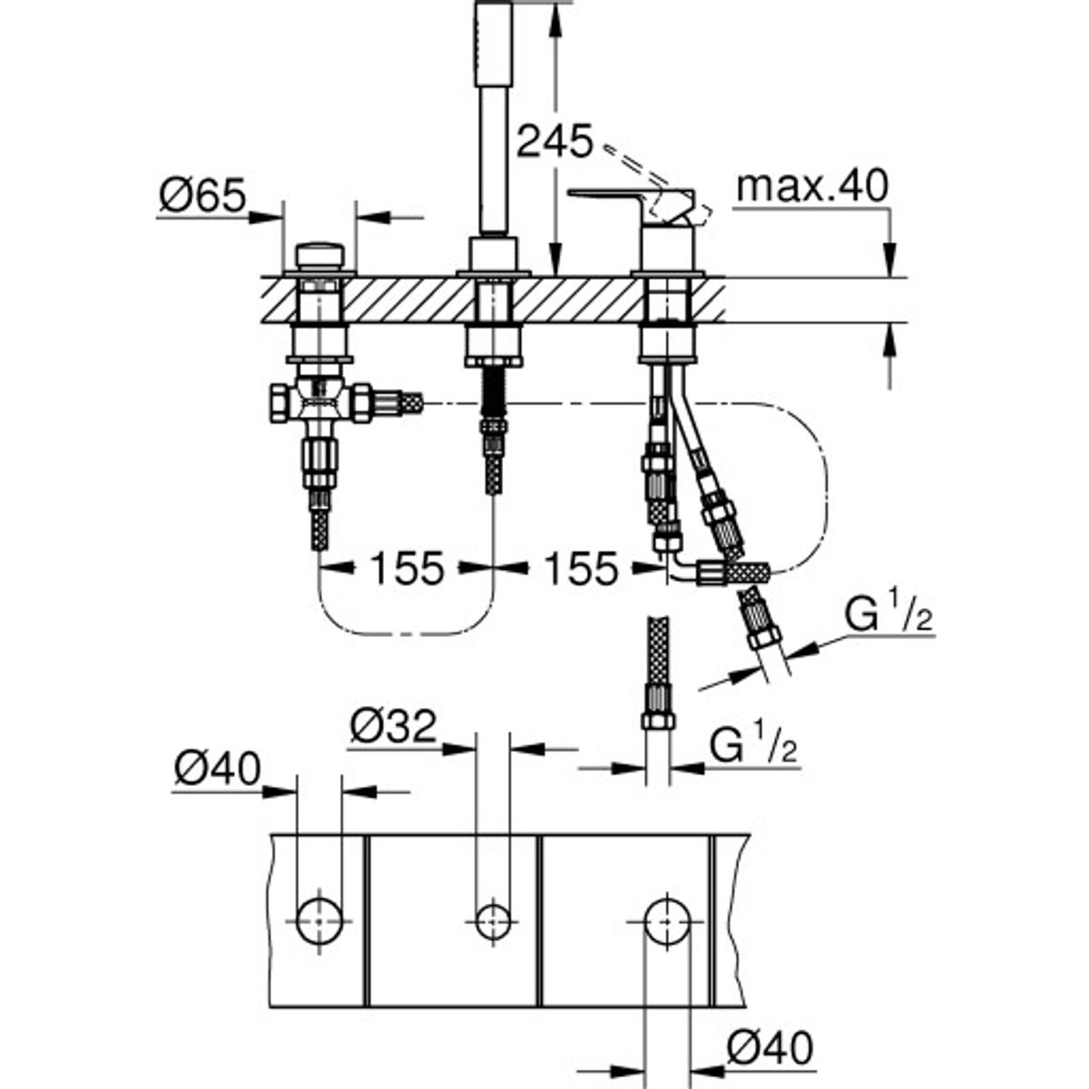 Grohe Lineare 3-huls kar- & brusekombination