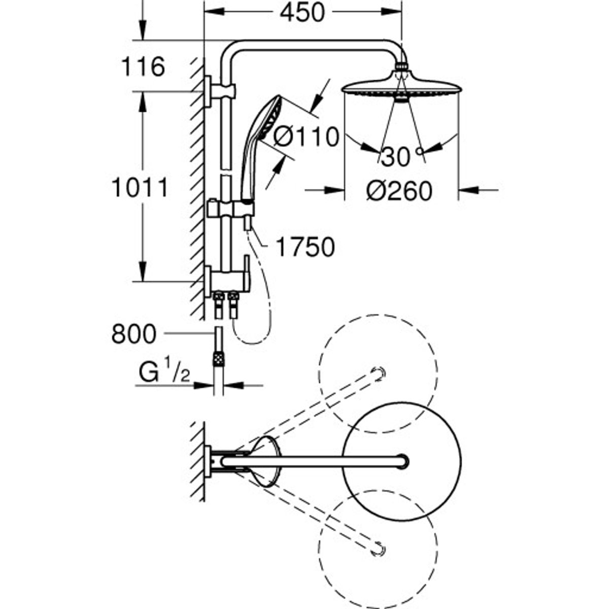 Grohe Quickfix Vitalio Joy System 260Brusesystem med diverter til vægmontage