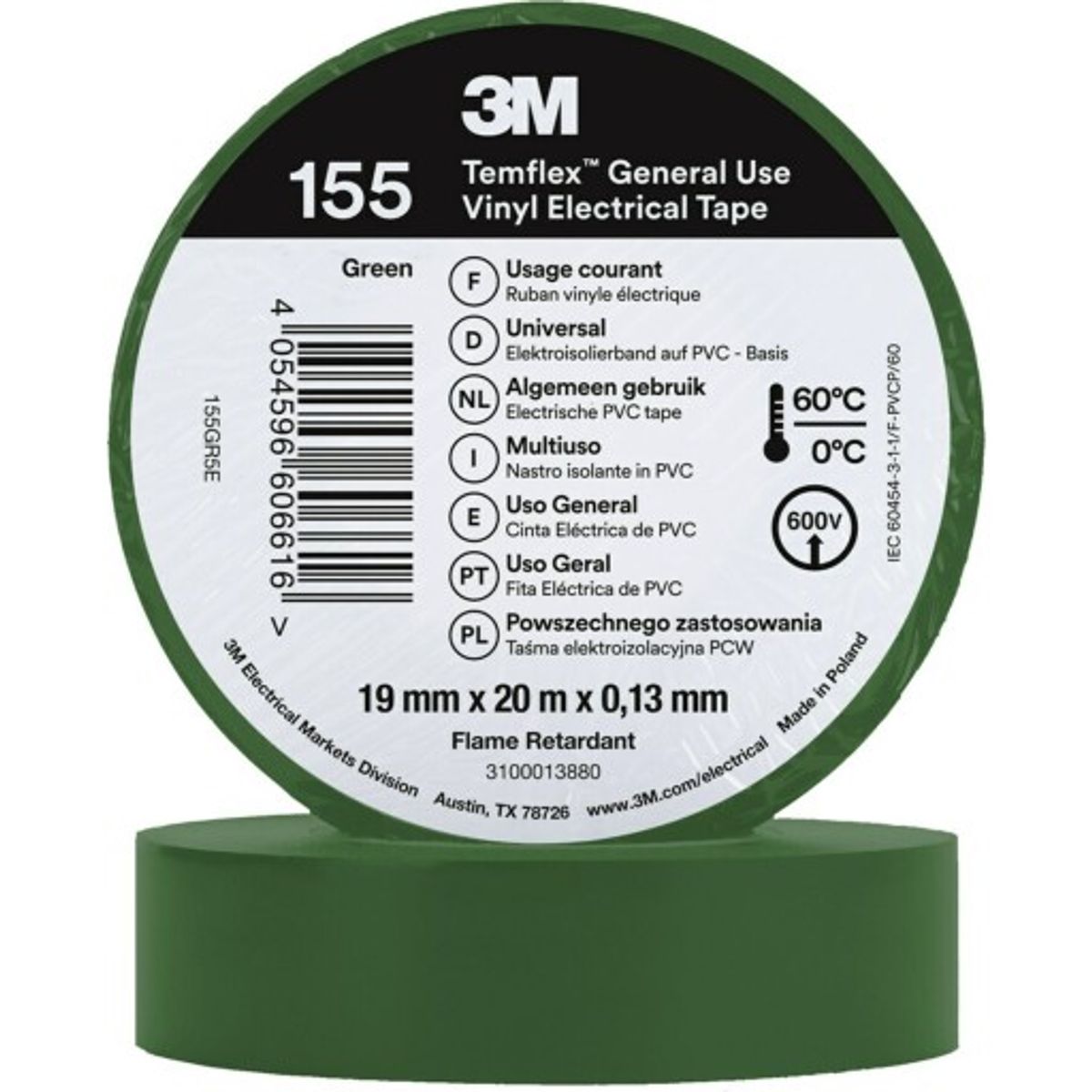 100 stk Temflex EL Vinyltape 155 19 mm x 20 m, grøn