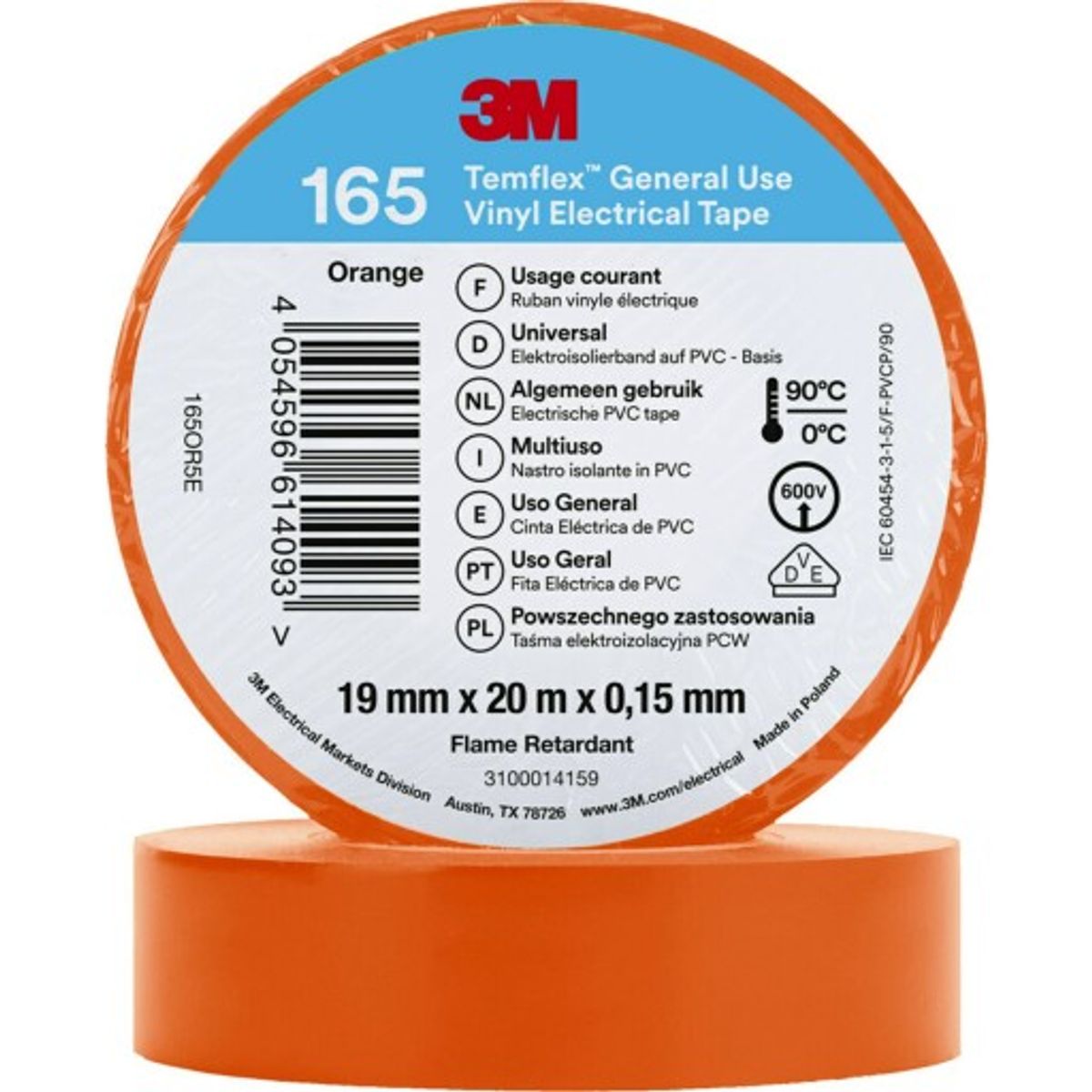 100 stk Temflex EL Vinyltape 165 19 mm x 20 m, orange