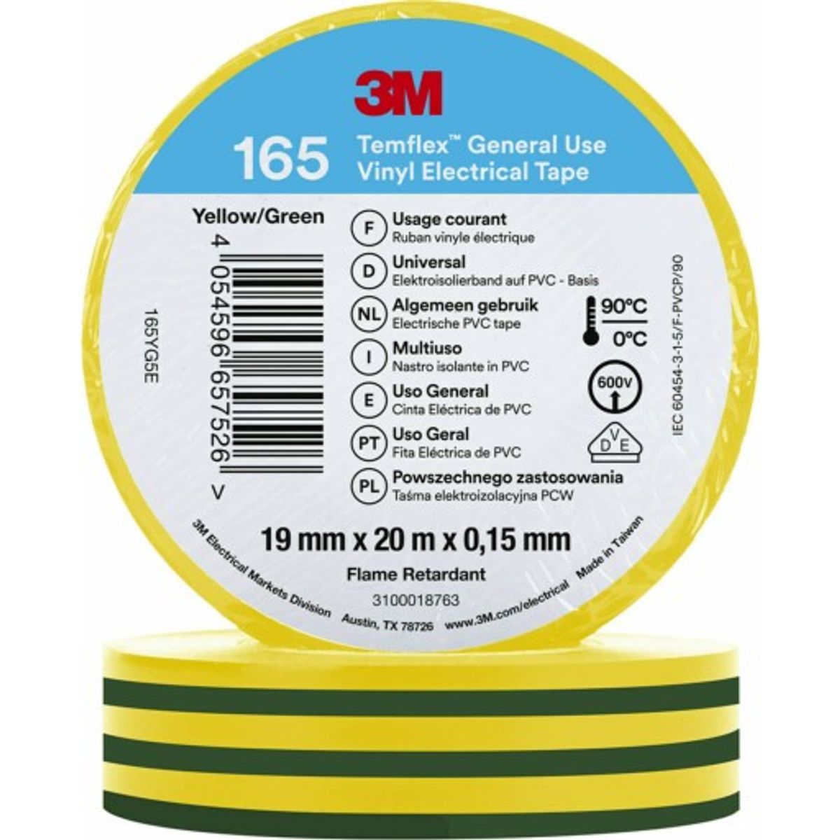 100 stk Temflex EL Vinyltape 165 19 mm x 20 m, grøn/gul