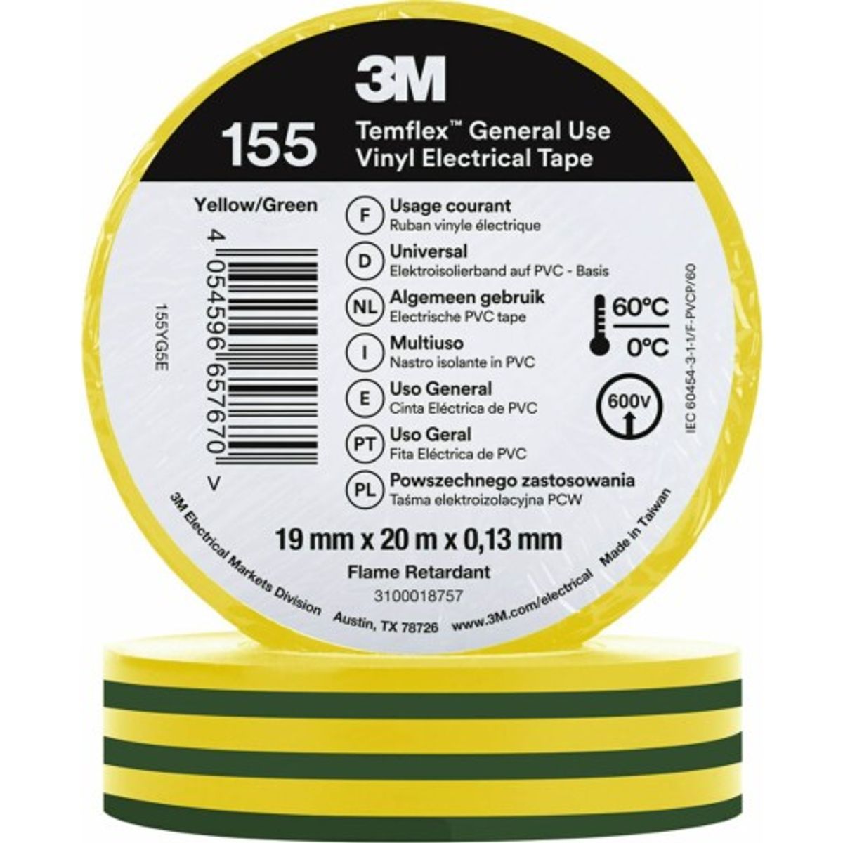 100 stk Temflex EL Vinyltape 155 19 mm x 20 m, grøn/gul