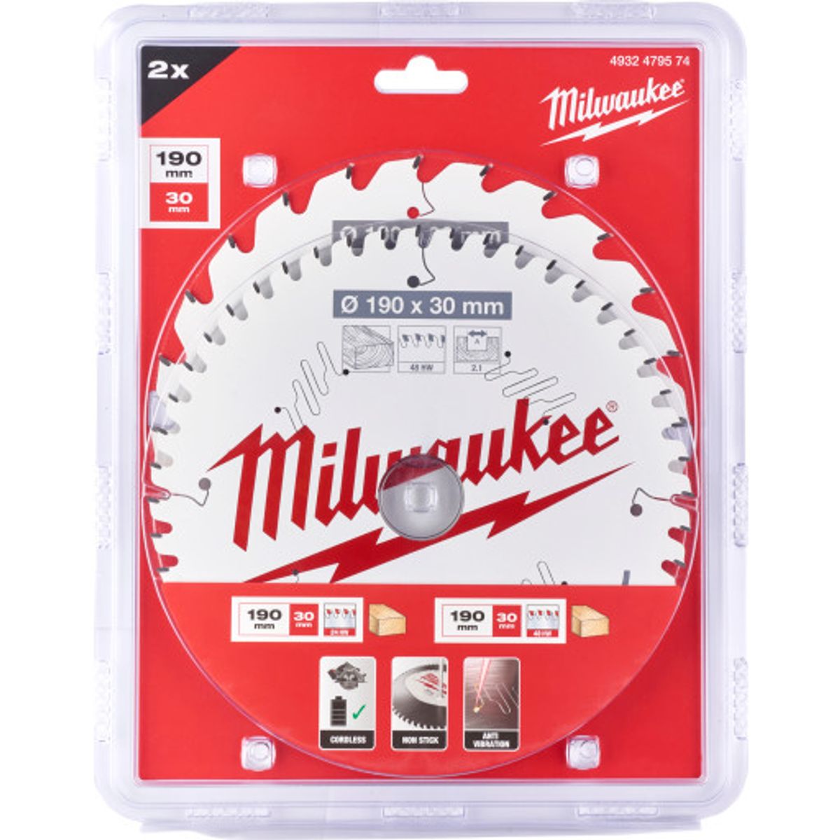 Milwaukee rundsavklinge 2 stk. Ø190/30 mm, 24td/48td til træ