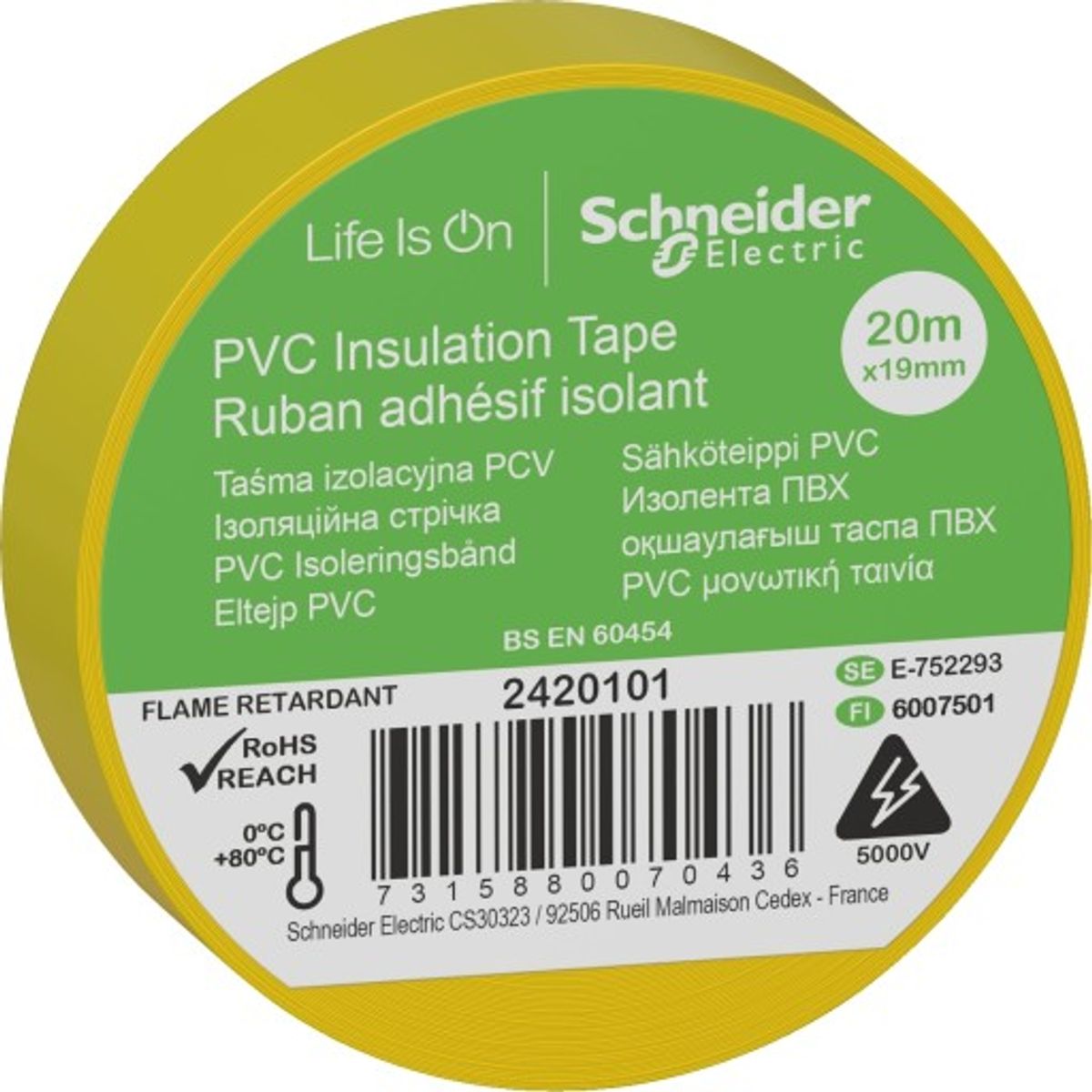 8 stk Schneider PVC isoleringstape, 19 mm x 20 m, gul