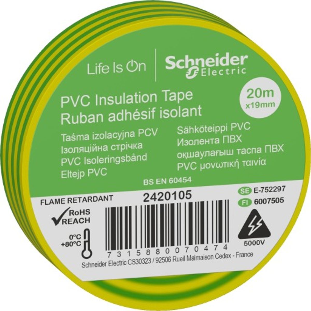 8 stk Schneider PVC isoleringstape 19 mm x 20 m i gul/grøn