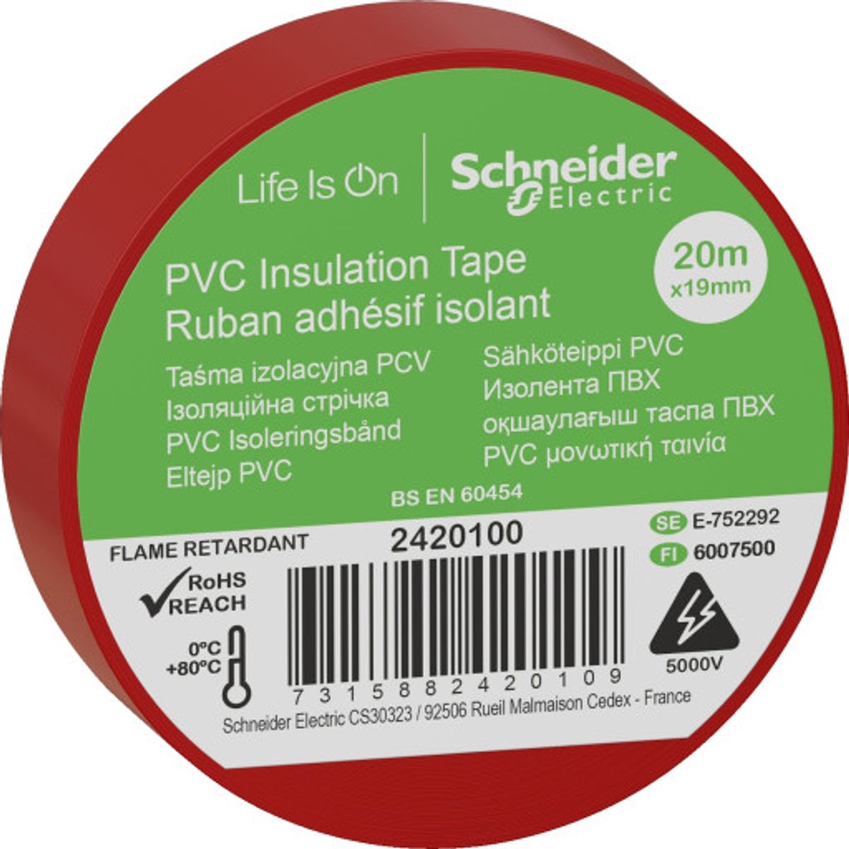 8 stk Schneider PVC isoleringstape, 19 mm x 20 m, rød