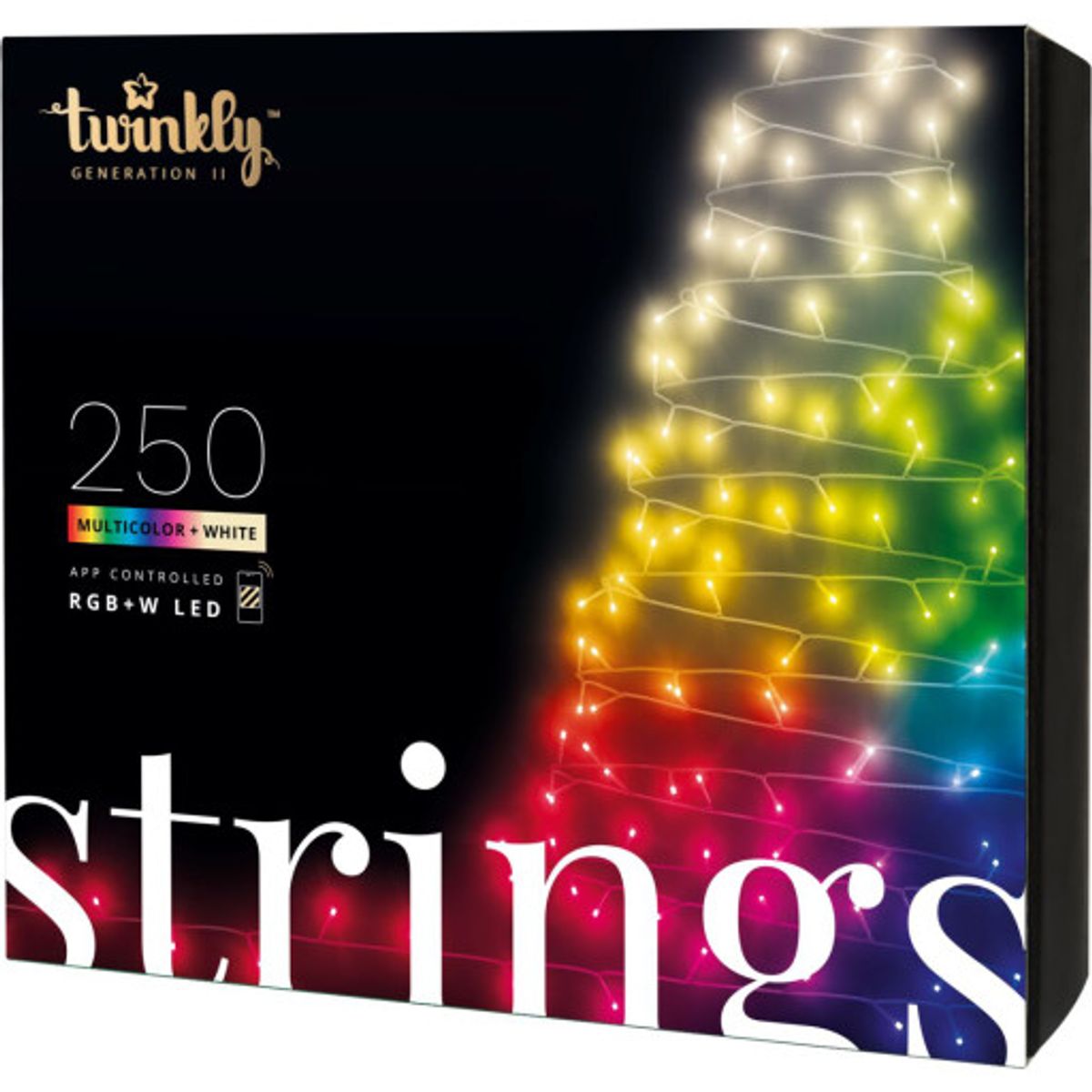 Twinkly Strings udendørs juletræskæde, 250 farvede + hvide lys, 20 meter