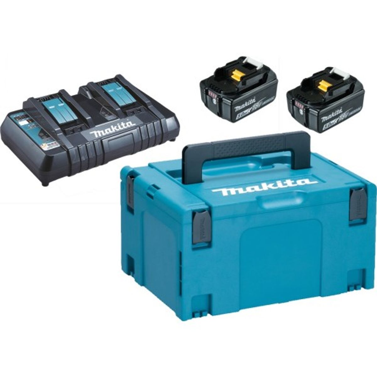 Makita LXT batterisæt med dobbelt lader og kasse, 2x18V/5,0Ah m.