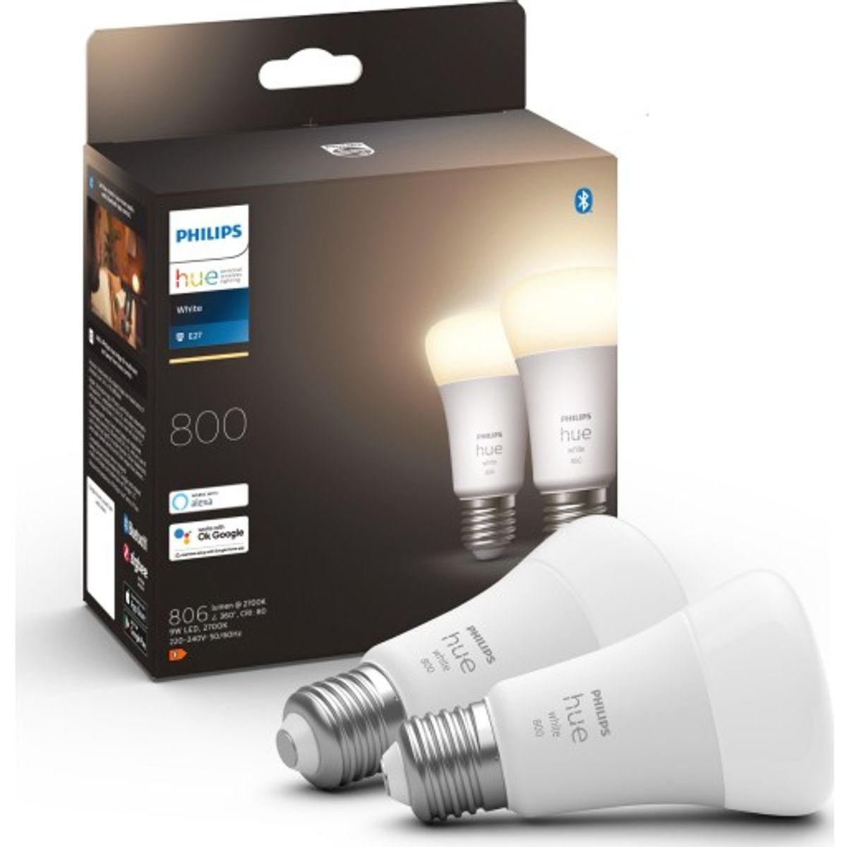 Philips Hue White E27 standardpære, 2700K, 9W, 2-pak