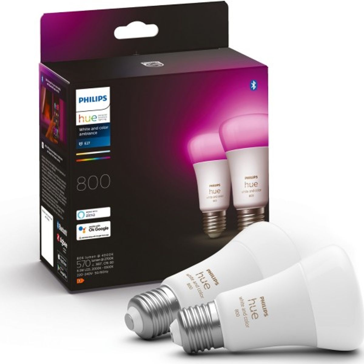 Philips Hue White Color Ambiance E27 standardpære, 2000K-6500K, 6,5W, 2-pak