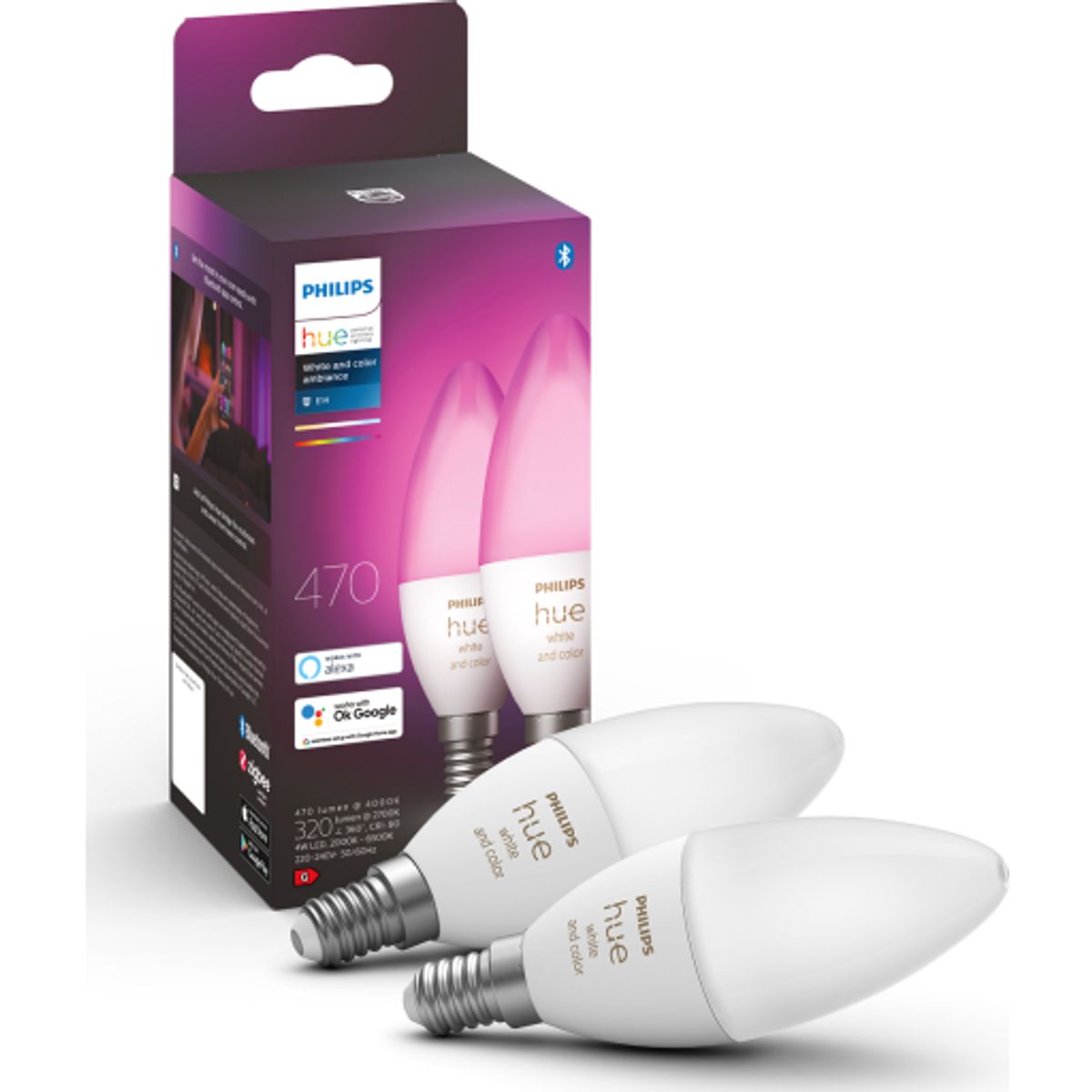 Philips Hue White Color Ambiance E14 kertepære, 2000K-6500K, 4W, 2-pak