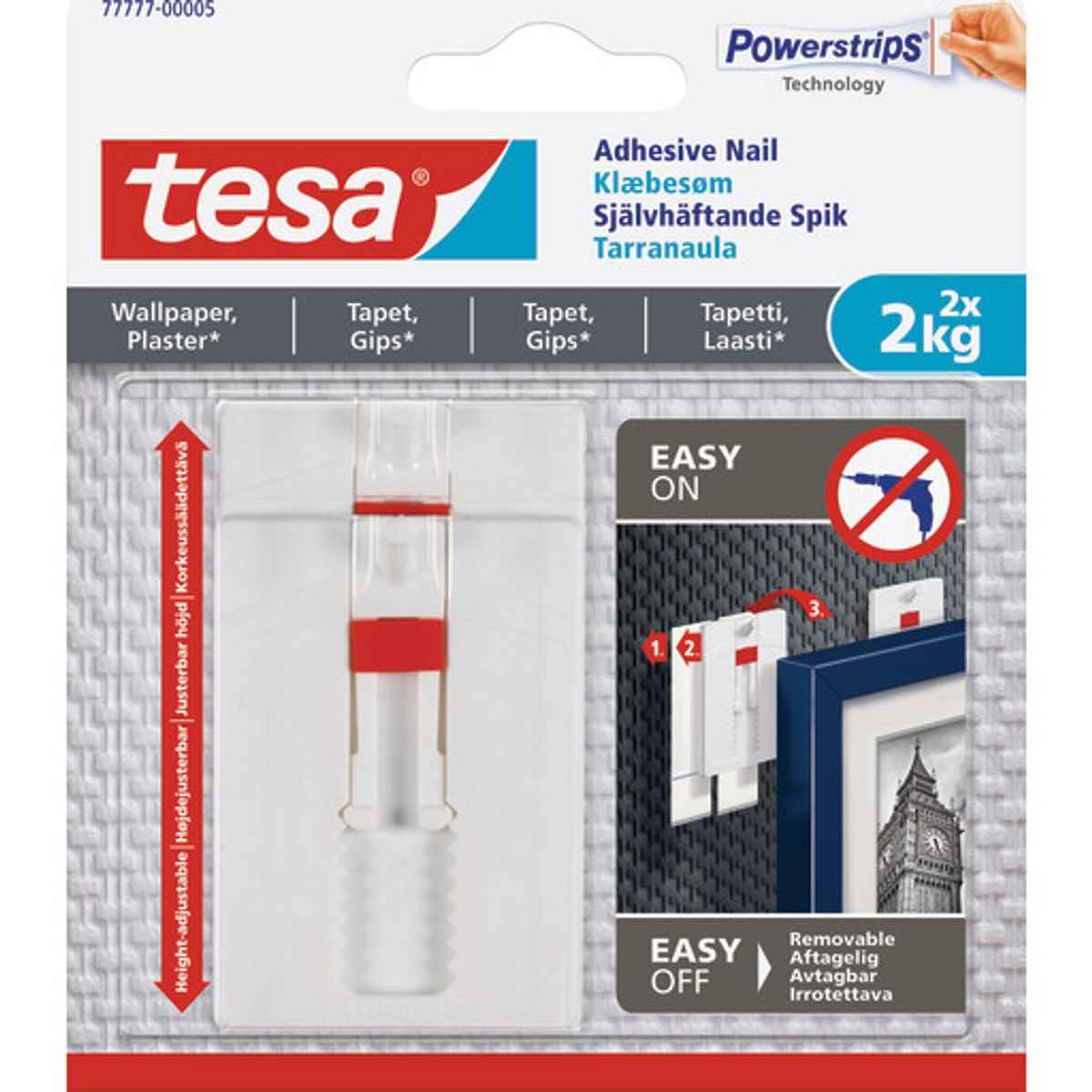 Tesa Powerstrips klæbesøm, 2 kg, 2-pak, justerbar, hvid