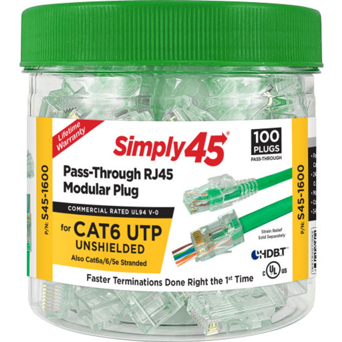 Simply45 RJ45 Pass-Through stik CAT6 UTP uskærmet, 100 STK